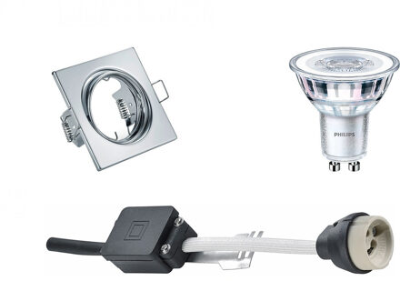 LED Spot Set - GU10 Fitting - Inbouw Vierkant - Glans Chroom - Kantelbaar 80mm - Philips - CorePro 840 36D - 4W - Zilverkleurig