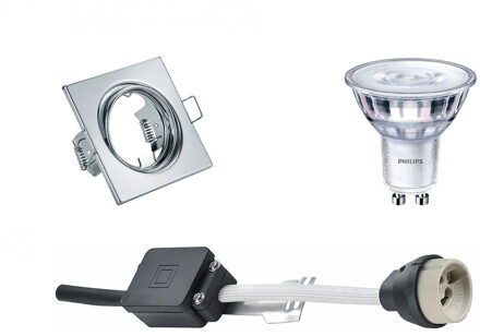 Led Spot Set - Gu10 Fitting - Inbouw Vierkant - Glans Chroom - Kantelbaar 80mm - Philips - Sceneswitch 827 36d - 1.5w-5w Zilverkleurig