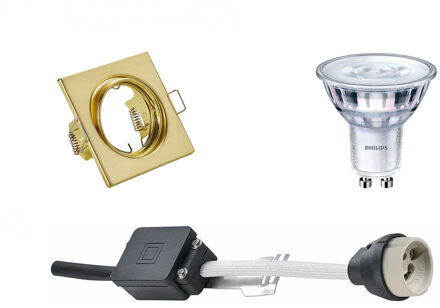 Led Spot Set - Gu10 Fitting - Inbouw Vierkant - Mat Goud - Kantelbaar 80mm - Philips - Sceneswitch 827 36d - 1.5w-5w - Goudkleurig