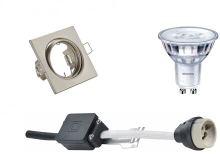 Led Spot Set - Gu10 Fitting - Inbouw Vierkant - Mat Nikkel - Kantelbaar 80mm - Philips - Sceneswitch 827 36d - 1.5w-5w - Zilverkleurig