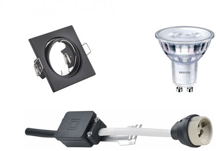 Led Spot Set - Gu10 Fitting - Inbouw Vierkant - Mat Zwart - Kantelbaar 80mm - Philips - Sceneswitch 827 36d - 1.5w-5w