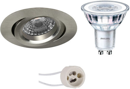 LED Spot Set - Pragmi Aerony Pro - GU10 Fitting - Inbouw Rond - Mat Nikkel - Kantelbaar - Ø82mm - Philips - CorePro 827 Zilverkleurig