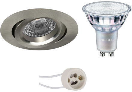 LED Spot Set - Pragmi Aerony Pro - GU10 Fitting - Inbouw Rond - Mat Nikkel - Kantelbaar - Ø82mm - Philips - MASTER 927 Zilverkleurig