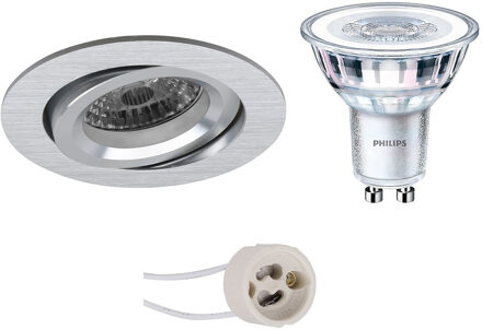 LED Spot Set - Pragmi Aerony Pro - GU10 Fitting - Inbouw Rond - Mat Zilver - Kantelbaar - Ø82mm - Philips - CorePro 827 Zilverkleurig