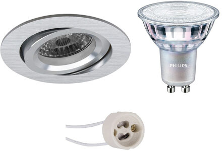 LED Spot Set - Pragmi Aerony Pro - GU10 Fitting - Inbouw Rond - Mat Zilver - Kantelbaar - Ø82mm - Philips - MASTER 927 Zilverkleurig