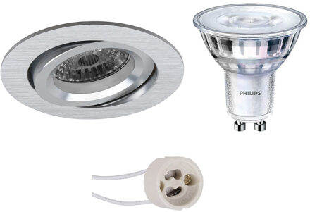 Led Spot Set - Pragmi Aerony Pro - Gu10 Fitting - Inbouw Rond - Mat Zilver - Kantelbaar - Ø82mm - Philips - Sceneswitch Zilverkleurig