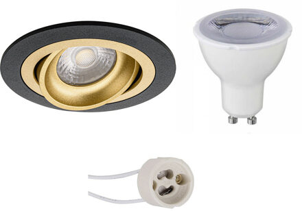 LED Spot Set - Pragmi Alpin Pro - GU10 Fitting - Dimbaar - Inbouw Rond - Mat Zwart/Goud - 6W - Helder/Koud Wit 6400K