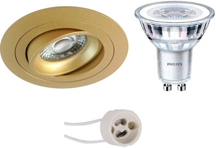 LED Spot Set - Pragmi Alpin Pro - GU10 Fitting - Inbouw Rond - Mat Goud - Kantelbaar - Ø92mm - Philips - CorePro 840 36D Goudkleurig
