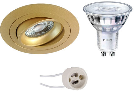 Led Spot Set - Pragmi Alpin Pro - Gu10 Fitting - Inbouw Rond - Mat Goud - Kantelbaar - Ø92mm - Philips - Sceneswitch 827 Goudkleurig