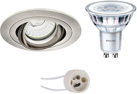 LED Spot Set - Pragmi Alpin Pro - GU10 Fitting - Inbouw Rond - Mat Nikkel - Kantelbaar - Ø92mm - Philips - CorePro 827 Zilverkleurig