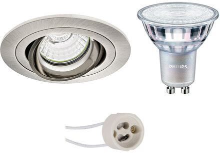 LED Spot Set - Pragmi Alpin Pro - GU10 Fitting - Inbouw Rond - Mat Nikkel - Kantelbaar - Ø92mm - Philips - MASTER 927 Zilverkleurig