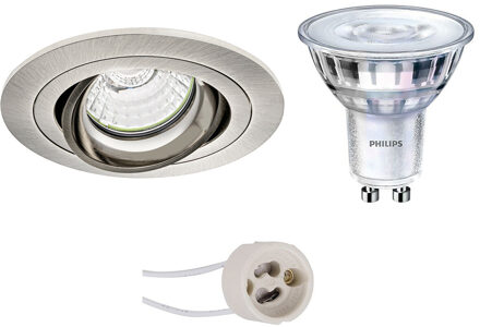 Led Spot Set - Pragmi Alpin Pro - Gu10 Fitting - Inbouw Rond - Mat Nikkel - Kantelbaar - Ø92mm - Philips - Sceneswitch Zilverkleurig