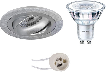 LED Spot Set - Pragmi Alpin Pro - GU10 Fitting - Inbouw Rond - Mat Zilver - Kantelbaar Ø92mm - Philips - CorePro 827 36D Zilverkleurig