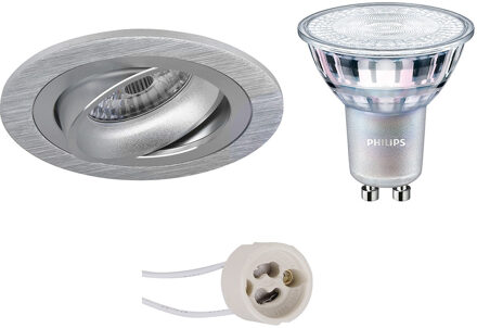 LED Spot Set - Pragmi Alpin Pro - GU10 Fitting - Inbouw Rond - Mat Zilver - Kantelbaar Ø92mm - Philips - MASTER 927 36D Zilverkleurig