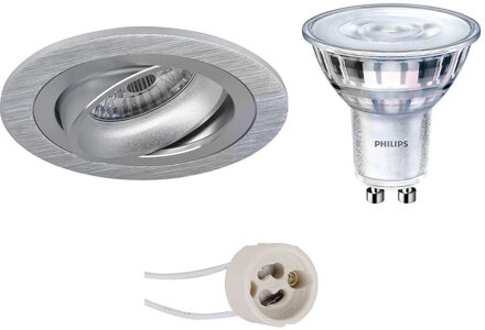 Led Spot Set - Pragmi Alpin Pro - Gu10 Fitting - Inbouw Rond - Mat Zilver - Kantelbaar Ø92mm - Philips - Sceneswitch 827 Zilverkleurig