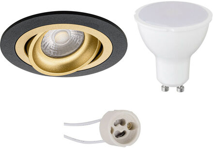 LED Spot Set - Pragmi Alpin Pro - GU10 Fitting - Inbouw Rond - Mat Zwart/Goud - 6W - Natuurlijk Wit 4200K - Kantelbaar