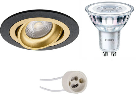 LED Spot Set - Pragmi Alpin Pro - GU10 Fitting - Inbouw Rond - Mat Zwart/Goud - Kantelbaar Ø92mm - Philips - CorePro 827