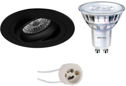 Led Spot Set - Pragmi Alpin Pro - Gu10 Fitting - Inbouw Rond - Mat Zwart - Kantelbaar Ø92mm - Philips - Sceneswitch 827