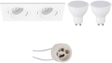 LED Spot Set - Pragmi Borny Pro - GU10 Fitting - Dimbaar - Inbouw Rechthoek Dubbel - Mat Wit - 6W - Helder/Koud Wit