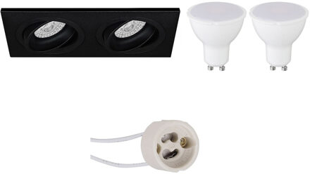 LED Spot Set - Pragmi Borny Pro - GU10 Fitting - Dimbaar - Inbouw Rechthoek Dubbel - Mat Zwart - 6W - Helder/Koud Wit