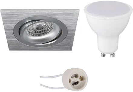 LED Spot Set - Pragmi Borny Pro - GU10 Fitting - Dimbaar - Inbouw Vierkant - Mat Zilver - 6W - Natuurlijk Wit 4200K - Zilverkleurig