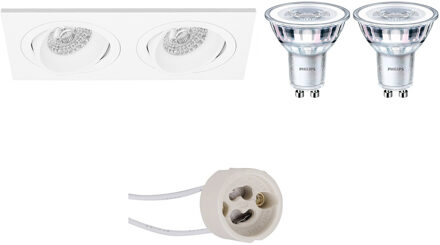 LED Spot Set - Pragmi Borny Pro - GU10 Fitting - Inbouw Rechthoek Dubbel - Mat Wit - Kantelbaar - 175x92mm - Philips