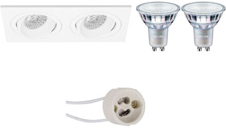 LED Spot Set - Pragmi Borny Pro - GU10 Fitting - Inbouw Rechthoek Dubbel - Mat Wit - Kantelbaar - 175x92mm - Philips