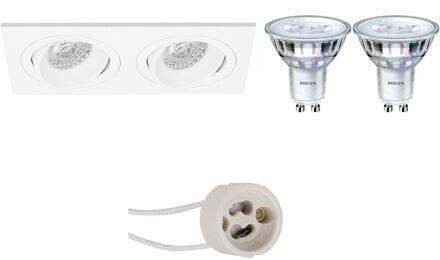 Led Spot Set - Pragmi Borny Pro - Gu10 Fitting - Inbouw Rechthoek Dubbel - Mat Wit - Kantelbaar - 175x92mm - Philips