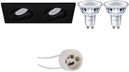 LED Spot Set - Pragmi Borny Pro - GU10 Fitting - Inbouw Rechthoek Dubbel - Mat Zwart - Kantelbaar - 175x92mm - Philips