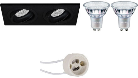 LED Spot Set - Pragmi Borny Pro - GU10 Fitting - Inbouw Rechthoek Dubbel - Mat Zwart - Kantelbaar - 175x92mm - Philips