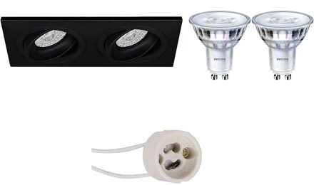 Led Spot Set - Pragmi Borny Pro - Gu10 Fitting - Inbouw Rechthoek Dubbel - Mat Zwart - Kantelbaar - 175x92mm - Philips