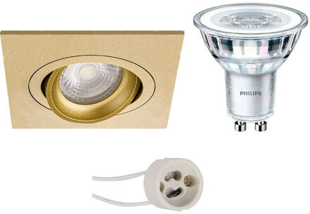 LED Spot Set - Pragmi Borny Pro - GU10 Fitting - Inbouw Vierkant - Mat Goud - Kantelbaar - 92mm - Philips - CorePro 827 Goudkleurig