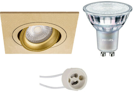 LED Spot Set - Pragmi Borny Pro - GU10 Fitting - Inbouw Vierkant - Mat Goud - Kantelbaar - 92mm - Philips - MASTER 927 Goudkleurig