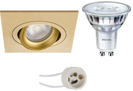 Led Spot Set - Pragmi Borny Pro - Gu10 Fitting - Inbouw Vierkant - Mat Goud - Kantelbaar - 92mm - Philips - Sceneswitch Goudkleurig