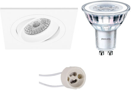 LED Spot Set - Pragmi Borny Pro - GU10 Fitting - Inbouw Vierkant - Mat Wit - Kantelbaar - 92mm - Philips - CorePro 827