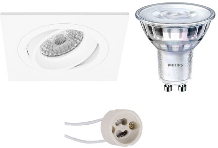 Led Spot Set - Pragmi Borny Pro - Gu10 Fitting - Inbouw Vierkant - Mat Wit - Kantelbaar - 92mm - Philips - Sceneswitch