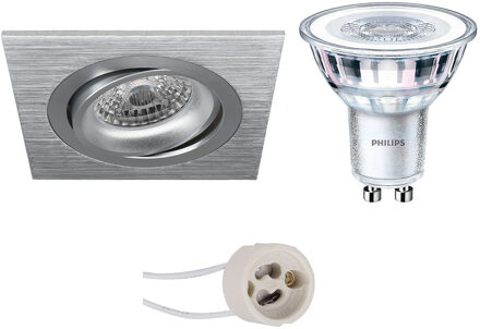 LED Spot Set - Pragmi Borny Pro - GU10 Fitting - Inbouw Vierkant - Mat Zilver - Kantelbaar - 92mm - Philips - CorePro Zilverkleurig