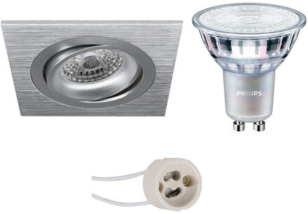 LED Spot Set - Pragmi Borny Pro - GU10 Fitting - Inbouw Vierkant - Mat Zilver - Kantelbaar - 92mm - Philips - MASTER 927 Zilverkleurig