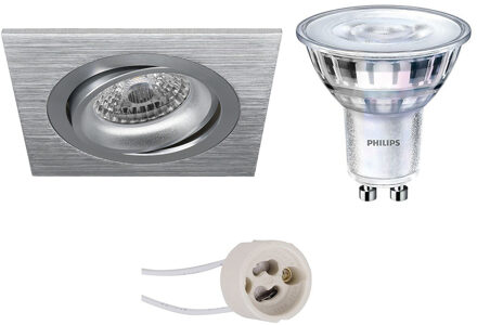 Led Spot Set - Pragmi Borny Pro - Gu10 Fitting - Inbouw Vierkant - Mat Zilver - Kantelbaar - 92mm - Philips - Zilverkleurig