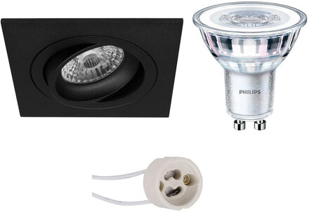 LED Spot Set - Pragmi Borny Pro - GU10 Fitting - Inbouw Vierkant - Mat Zwart - Kantelbaar - 92mm - Philips - CorePro 827