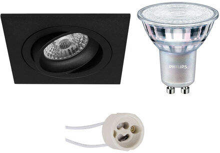 LED Spot Set - Pragmi Borny Pro - GU10 Fitting - Inbouw Vierkant - Mat Zwart - Kantelbaar - 92mm - Philips - MASTER 927