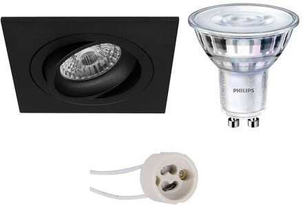 Led Spot Set - Pragmi Borny Pro - Gu10 Fitting - Inbouw Vierkant - Mat Zwart - Kantelbaar - 92mm - Philips - Sceneswitch