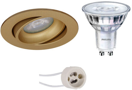 Led Spot Set - Pragmi Delton Pro - Gu10 Fitting - Inbouw Rond - Mat Goud - Kantelbaar - Ø82mm - Philips - Sceneswitch Goudkleurig