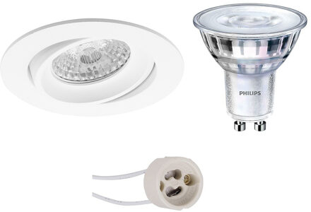 Led Spot Set - Pragmi Delton Pro - Gu10 Fitting - Inbouw Rond - Mat Wit - Kantelbaar - Ø82mm - Philips - Sceneswitch 827