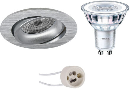 LED Spot Set - Pragmi Delton Pro - GU10 Fitting - Inbouw Rond - Mat Zilver - Kantelbaar - Ø82mm - Philips - CorePro 827 Zilverkleurig