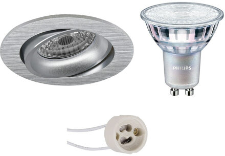 LED Spot Set - Pragmi Delton Pro - GU10 Fitting - Inbouw Rond - Mat Zilver - Kantelbaar - Ø82mm - Philips - MASTER 927 Zilverkleurig