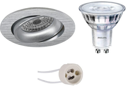 Led Spot Set - Pragmi Delton Pro - Gu10 Fitting - Inbouw Rond - Mat Zilver - Kantelbaar - Ø82mm - Philips - Sceneswitch Zilverkleurig