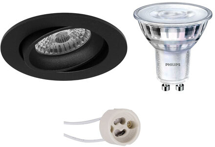 Led Spot Set - Pragmi Delton Pro - Gu10 Fitting - Inbouw Rond - Mat Zwart - Kantelbaar - Ø82mm - Philips - Sceneswitch