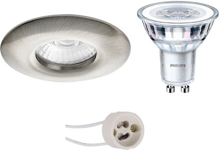 LED Spot Set - Pragmi Luno Pro - Waterdicht IP65 - GU10 Fitting - Inbouw Rond - Mat Nikkel - Ø82mm - Philips - CorePro Zilverkleurig