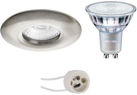 LED Spot Set - Pragmi Luno Pro - Waterdicht IP65 - GU10 Fitting - Inbouw Rond - Mat Nikkel - Ø82mm - Philips - MASTER Zilverkleurig